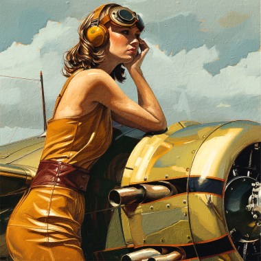 vrouw met retro vliegtuig